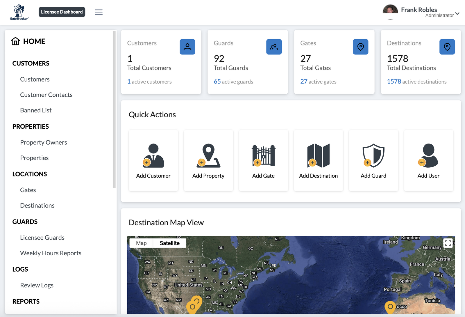 The licensee dashboard: guards, gates, destinations and live site map