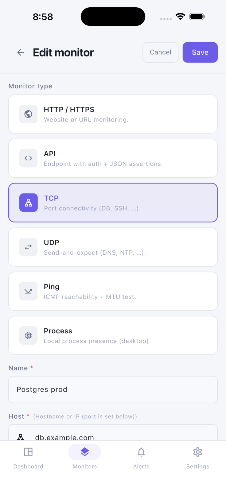 Editing a TCP check